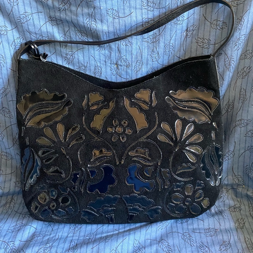Antonio Melani Suede And Patent Floral Design Hobo Bag